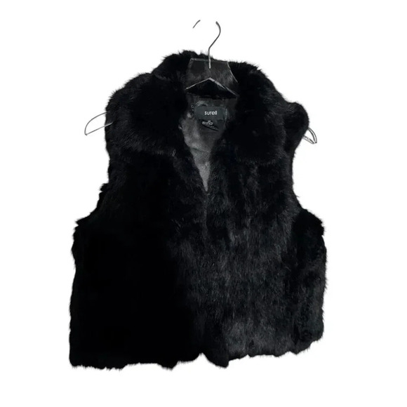 Surell 100% Rabbit Fur Woman's Black Vest size small medium big collar hook eye - Picture 3 of 7